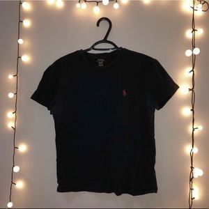 black t-shirt with red polo logo